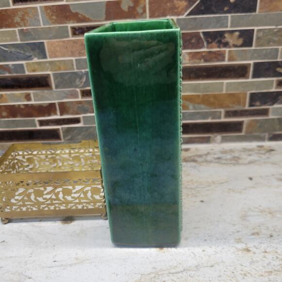 Vintage Mid Century Vase Green Ceramic Gold Metal Pierced Stand - Picture 4 of 6